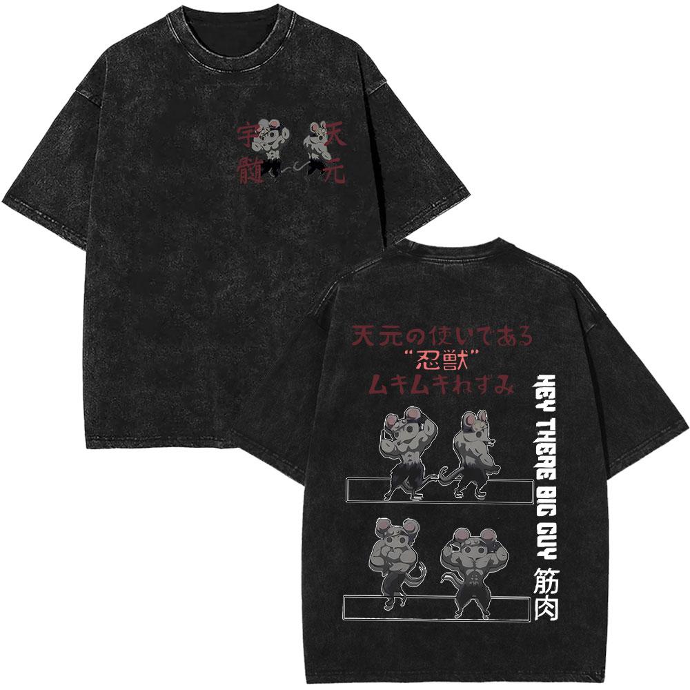 Washed Vintage Ninja Muscular Mice Muscle Gym Mouse Fitness T-shirt Anime Demon Slayer Uzui Tengen T-shirts Men's Cotton T Shirt
