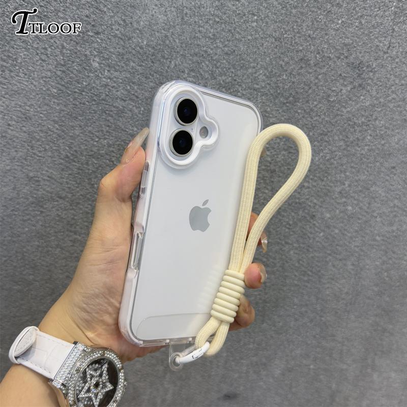 2in1 Clear With Wrist Strap lanyard Phone Case For iPhone 11 12 13 14 15 16 Pro Max Plus Shockproof Bumber Soft TPU Cover