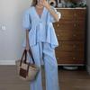 Spring and Summer New Sweet Solid Color Set Cotton V-neck Top Puff Short Sleeve Long Pants 2-piece Set