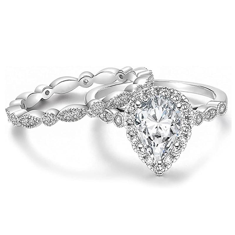 

Huitan 2Pcs Pear Cubic Zirconia Set Rings for Women Wedding Accessories Luxury Trendy Female Accessories Engagement Band Jewelry 8
