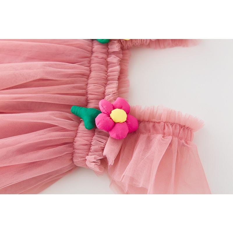 Children's New Children's Dress Three-dimensional Flower Flying Sleeve Dress Flower Child Mesh Shaggy Dress Girls Slip Dress