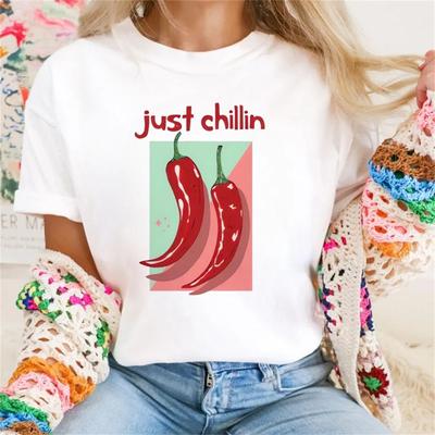 Chili Print Pattern T-Shirt Short Sleeve Basic Women's Top Regular Harajuku Cartoon O-Neck Versatile Travel Cute Style T-Shirt