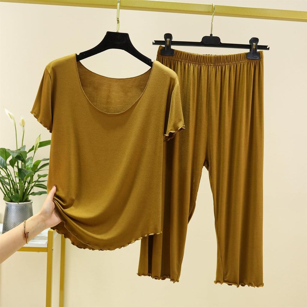 Modă Femei Culoare Solidă Pijamale de Casă Mânecă Scurtă Pantaloni Șapte Set Margine Ureche Lemn