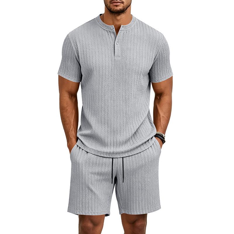 Summer Retro Men's Loose Knit Henley Shirt & Shorts Set