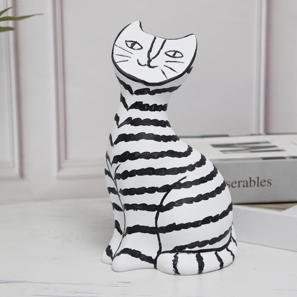 

Nordic Black & White Striped Beckoning Cat Sculpture for Home Decor