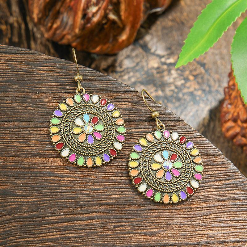 Orecchini Smaltati Colorati Etnici Retrò Bohemien da Donna Boho Fiore Vuoto Geometrico Rotondo Vintage Pendenti Gioielli Regalo