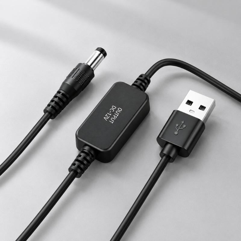 USB 5V to 12V DC5.5mm Connector Cable with Integrated Conversion Module for Compatible Low-Power Equipment and Backup Setups