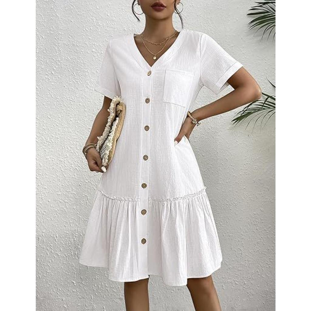 Summer Women's Short Sleeve Dress, Single Breasted Loose A-line Dress with Pockets Ruffle Hem Casual Dress