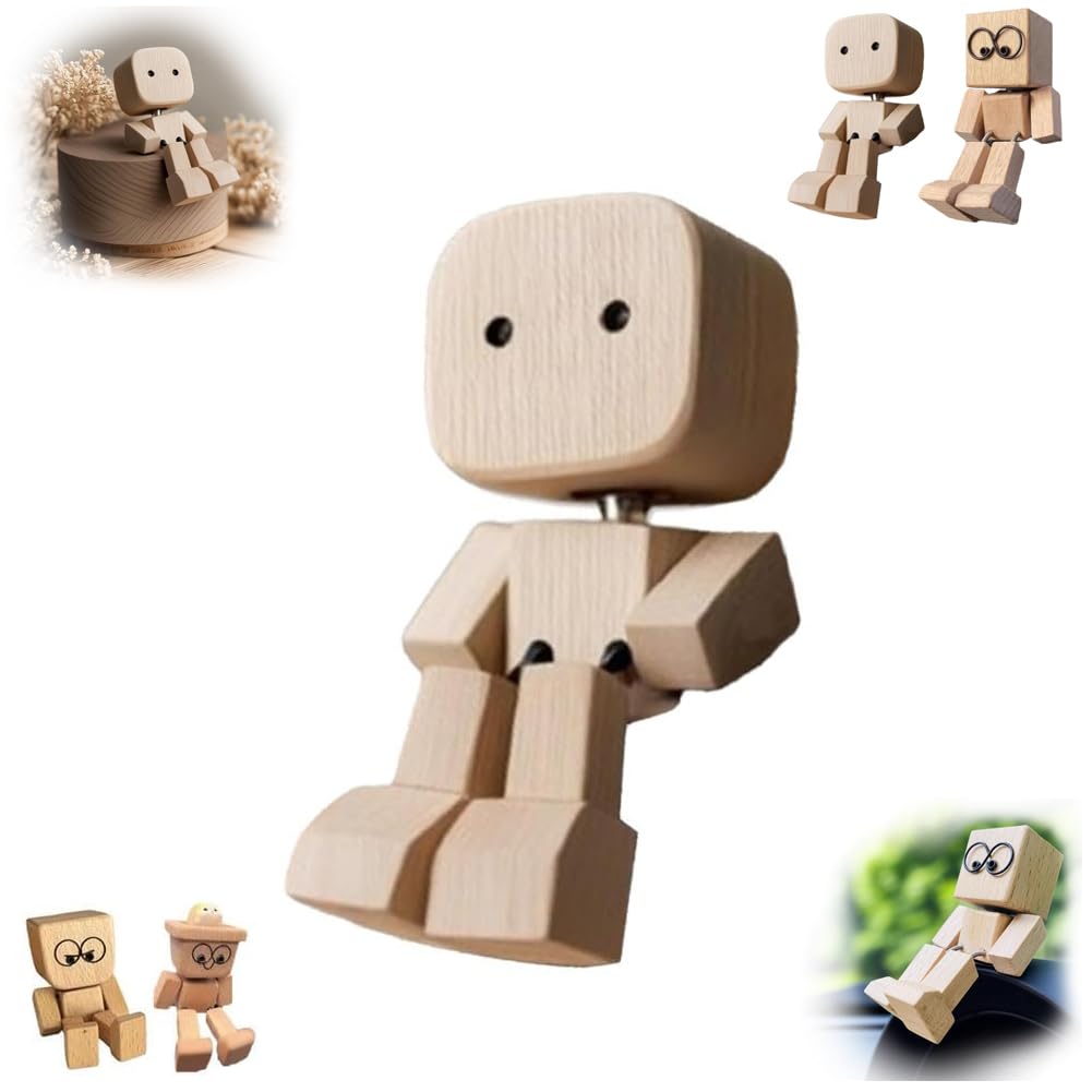 Wooden Man Figurine Shaking Wooden Man Figure Decoration Desktop Dashboard Funny Sculpture Ornament for Family Outings Road Trip