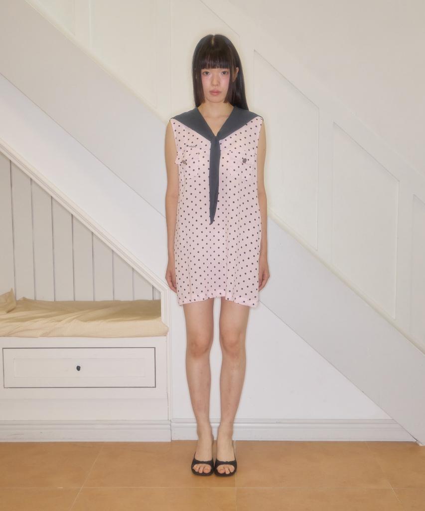 Syakili Polka Dot Sailor Sleeveless Dress (Pink)