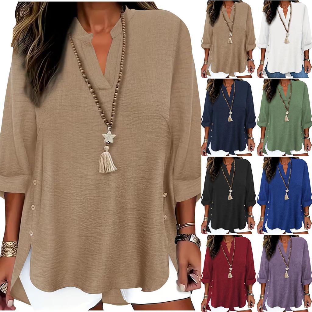 Women's Casual Loose Fit V Neck Mid Sleeve Tunic Top Button Detail Side Slits Lightweight Comfortable Blouse for Everyday Wear