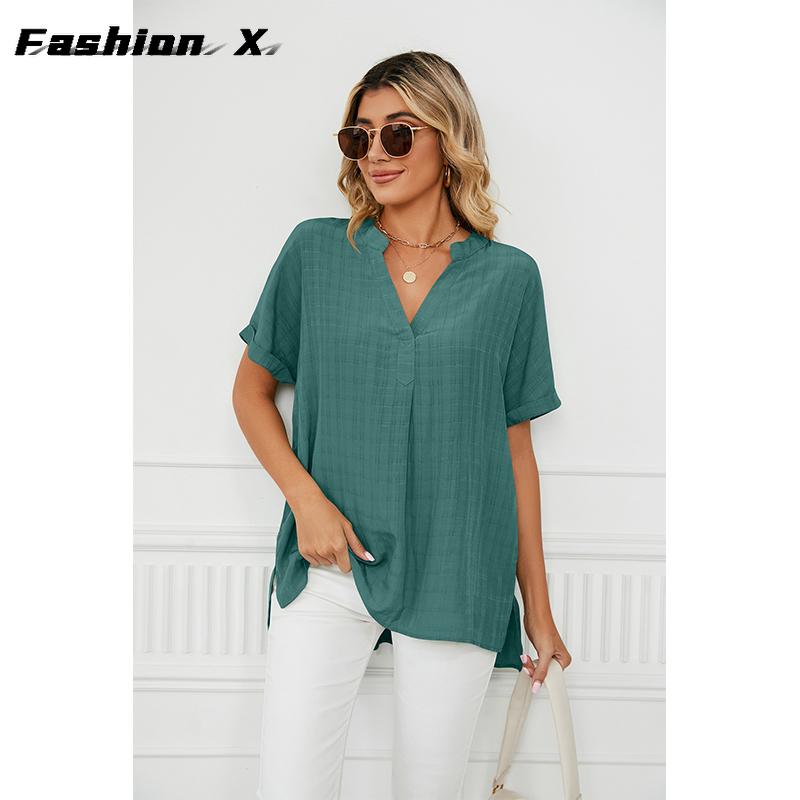 Ladies Fashion T-shirt V-neck Casual Pullover Blouse Women Loose Blouse Tops Women