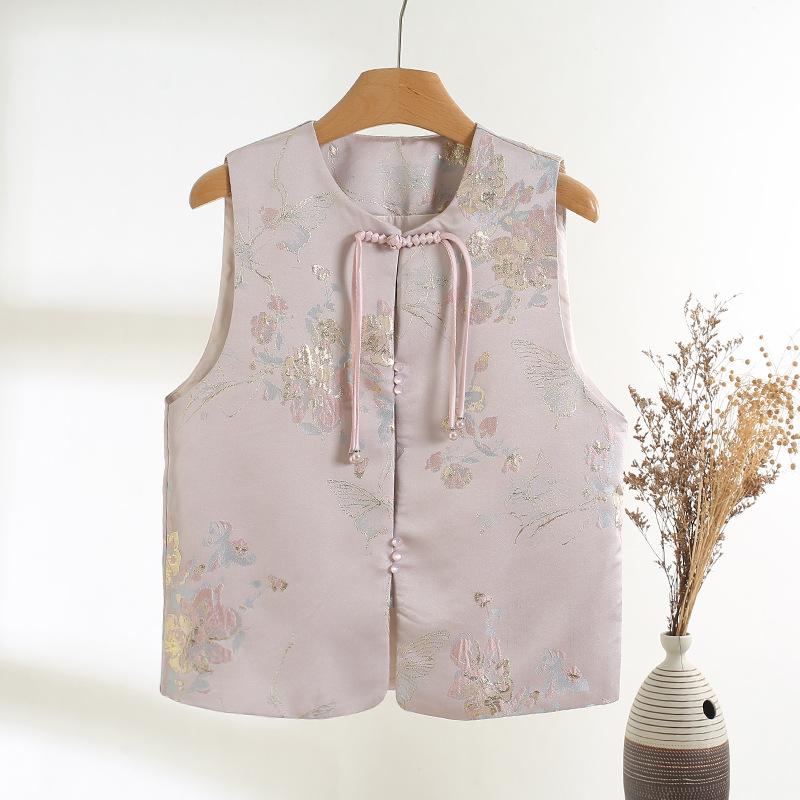 

Single round neck brocade vest retro buckle temperament vest woven versatile XXXL [Recommended 138-75kg] розовый