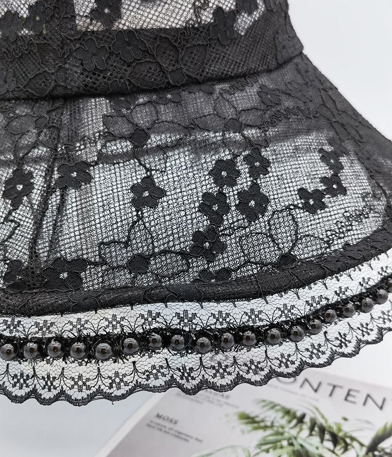 Hat Women's Summer Japanese Retro Lace Pearl Edge Big Edge Monochrome Dome Breathable Sun Hat Mesh Bucket Hat