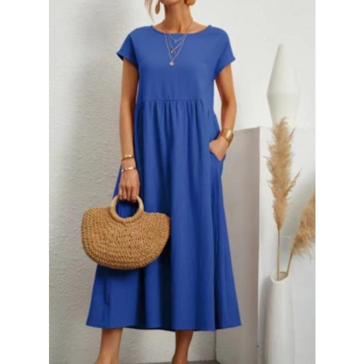 Women's Summer Dress Round Neck Short Sleeve Midi Dress Loose