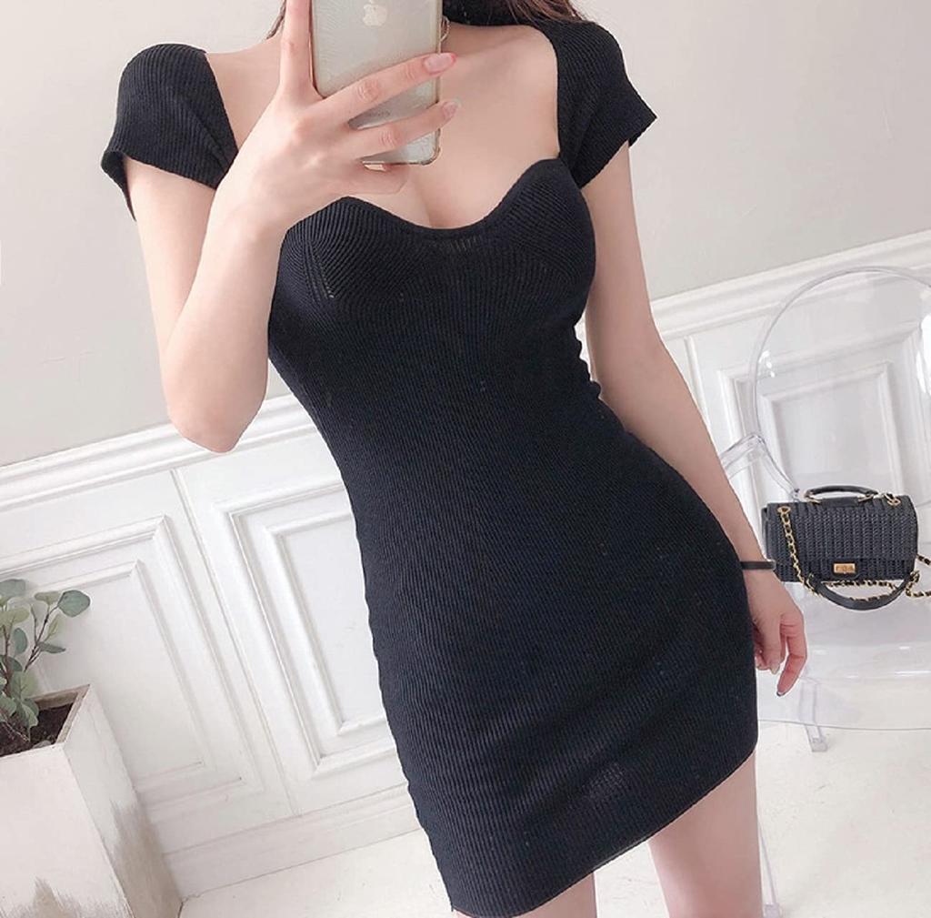 Coco Yuka Dress with Open Tight Short Short Lightweight Ribbed Knit & Women's Off-the-Shoulder Neckline, Sexy, Fit, Simple, Mini, Length, Casual,