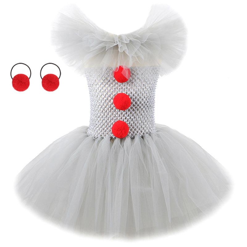 Pennywise Costume Kids Girls, Halloween Clown IT Cosplay Tutu Dresses With Gloves And Red Hairpin, Children Fancy Dress Clothing For Carnival Party Ho