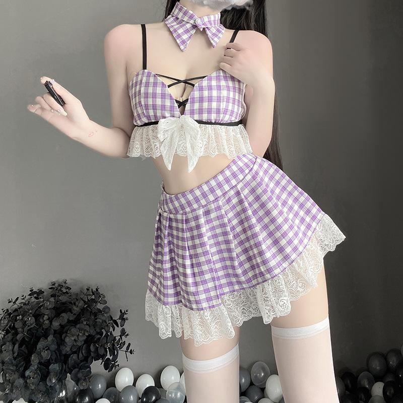 Women Schoolgirl Outfit Lace Hollow Out Backless Cosplay Costumes Student Uniform Sweet Sexy Lingerie Underwear Plaid Mini Skirt
