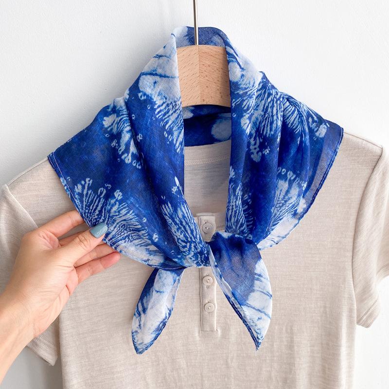 Flax small square scarf silk scarf women's headscarf neck protection scarf imitation blue dye handmade tie-dye scarf Yunnan yarn scarf thin scarf