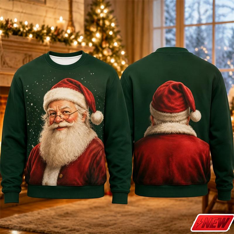 Christmas Crew Neck Sweater Men Vintage Santa Claus 3d Print Pullover Top Xmas Snowflake Graphic Casual Novelty Festival Hoodies