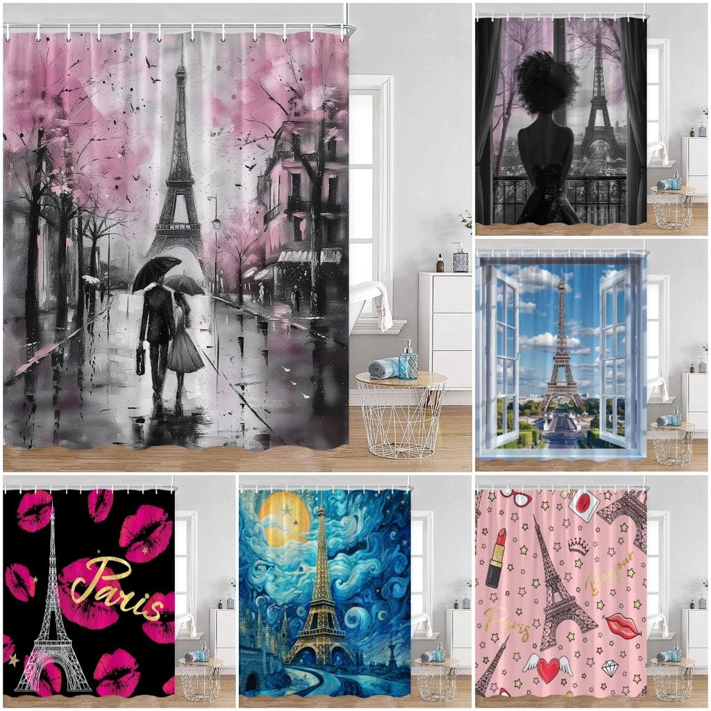 Pink Fashion Romantic Shower Curtain Paris Landscape dress Pink Bathroom Decoration Modern Bathroom Curtain with Hook