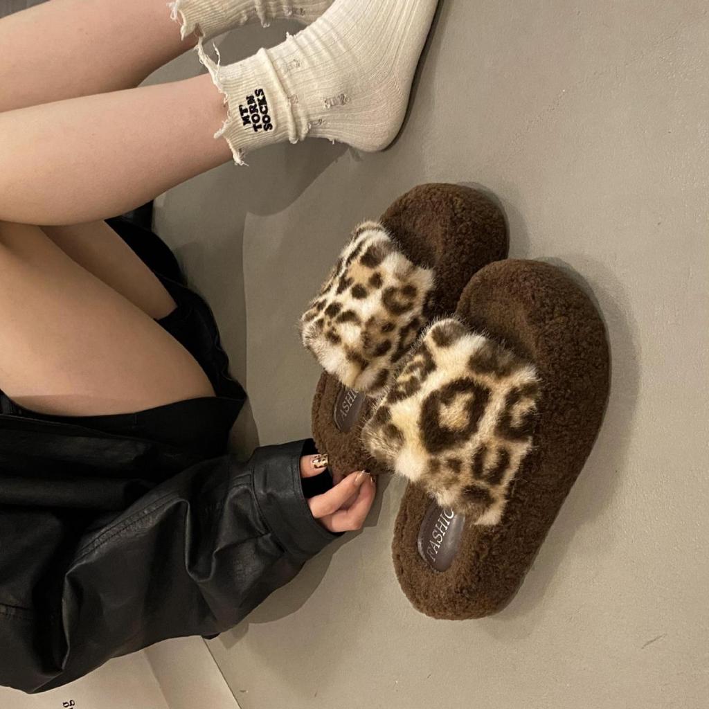 Leopard print thick bottom heightening fluffy slippers women's wear 2025 new autumn and winter fashion home fluffy cotton slippers