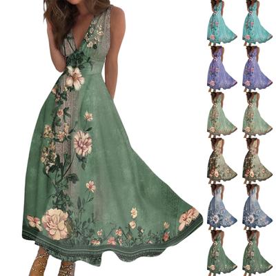 Women's Summer Fashion Retro Print V-Neck Sleeveless Long Dress