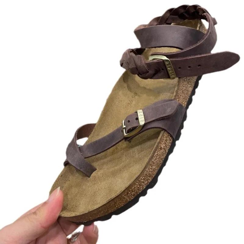 

Модные ретро кожаные сандалии на плоской платформе женские летние плетеные римские сандалии с металлической пряжкой для отдыха на пляже 39 коричневый