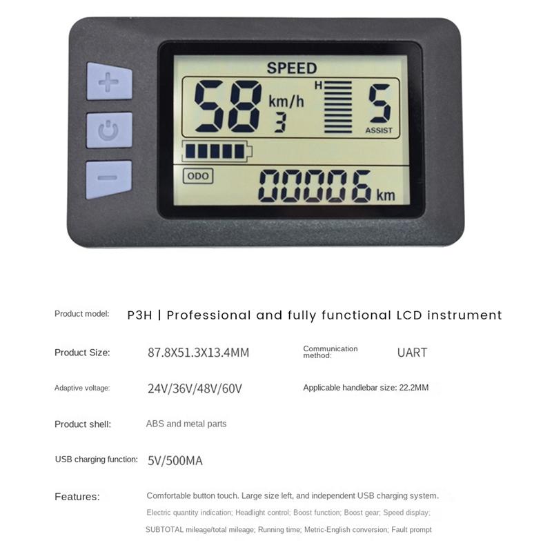 P3H Electric Bike Meter Display Panel Meter Display 24V 36V 48V 60V For Electric Scooter (6PIN)