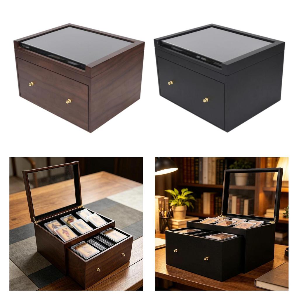 And Practical Wooden Storage Box for Collectible Cards, with Drawer, Case Sports Cards.