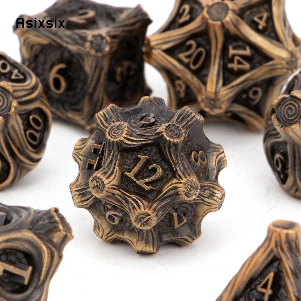 7 Pcs Yellow Tree Stump Root Metal Dice Solid Metal Polyhedral Dice Set Suitable for Role-Playing RPG  Board Game Card Game