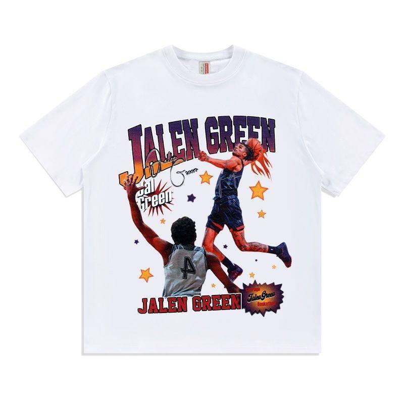Jalen Green Jalen Green American Vintage Print Loose Short Sleeve T-Shirt Men s Couple High Street Trend S