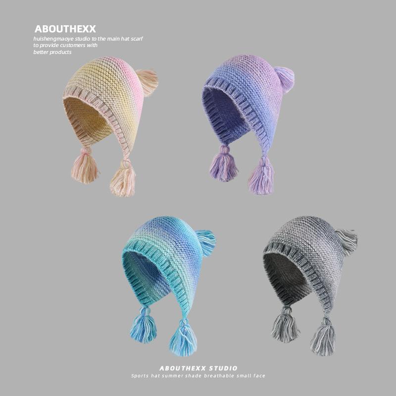 Rainbow Gradient Braided Wool Hat for Women Winter Showing Face Small Warm Lei Feng Hat Sweet Big Head Circumference Knitted Pullover Hat