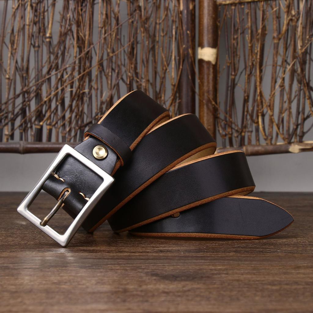 Belt Men's Stainless Steel Buckle Tea Core Leather Thickened First Layer Leather Simple All-Match Casual Jeans Belt Men's