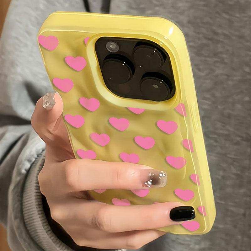 INS Korean Pink Heart Folds Texture Case For iPhone 17 16 15 14 13 12 11 Pro Max 16 Plus Candy Color Shockproof Soft Back Cover