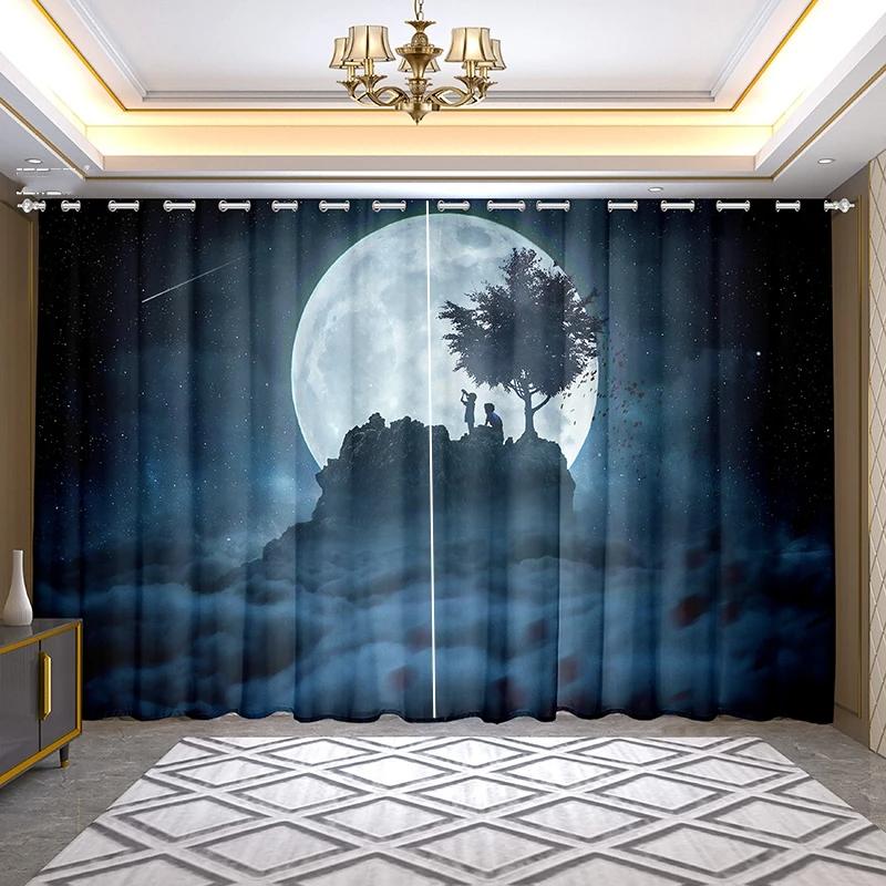 

Black Ins Style Starry Moon Heat Shading Bedroom Living Area High Shading Thin Studio Background Scenery Curtain Starry Sky Pattern W55 X H120cm X 2&Grommet Top