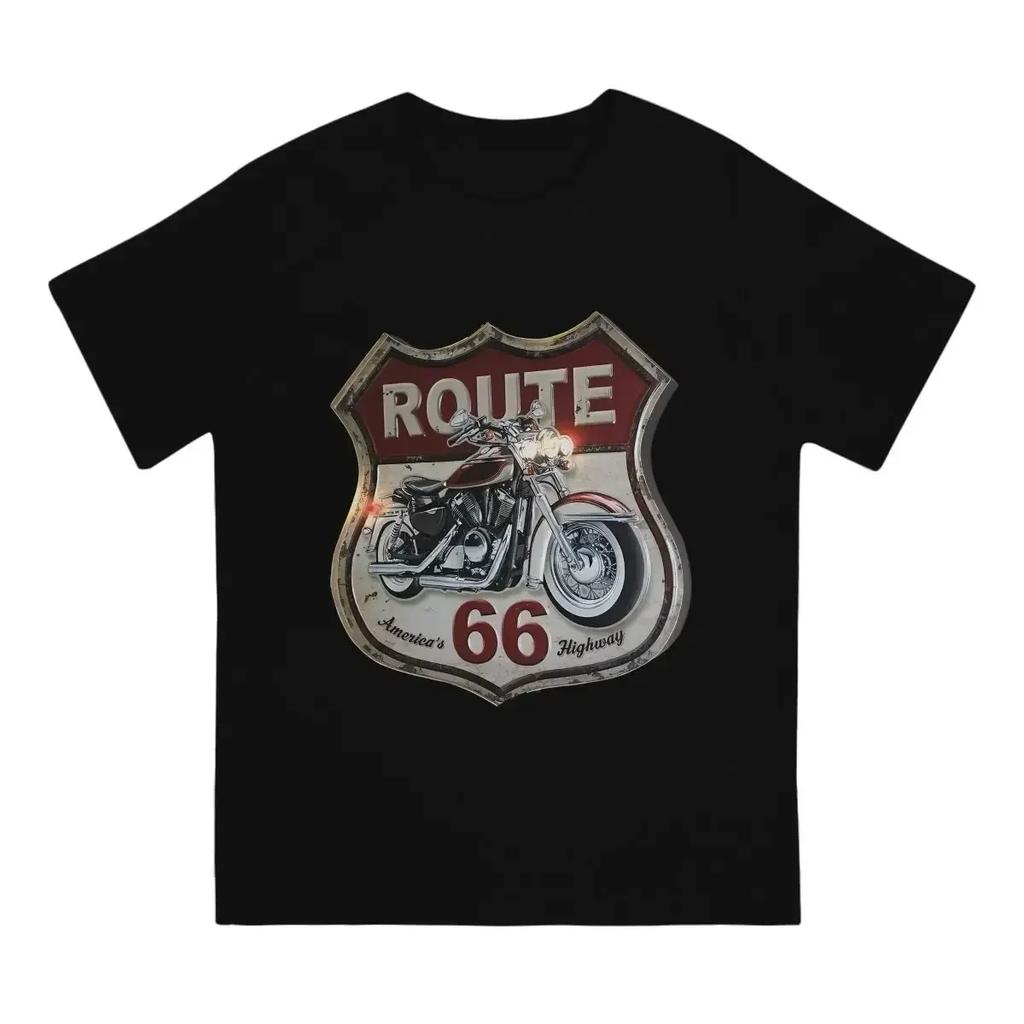 Men's Vintage Motorcycle Printed Short Sleeved T-shirt with US Route 66 Pattern T Shirt Cotton Round Neck Tee Casual Women Shirt