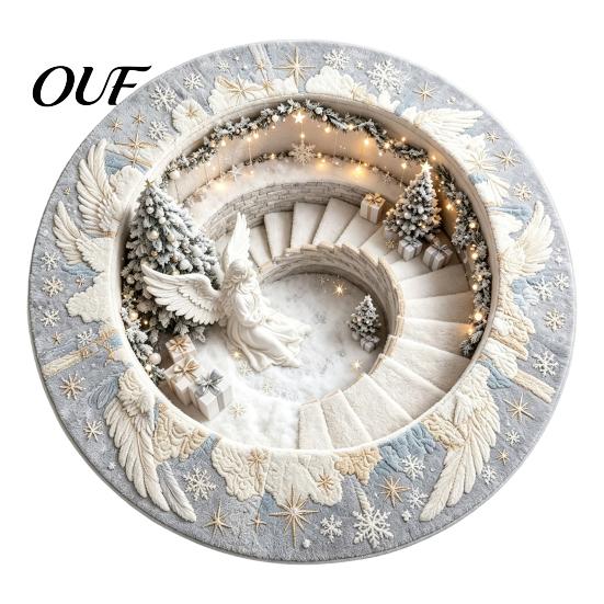 Winter Holiday Floor Covering 3D Optical Illusion Round Christmas Rug, Cute Santa Claus Crystal Velvet Mat, Mat Vivid Printed Circular Carpet