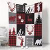 Contemporary Red & Black Buffalo Plaid Christmas Throw Blanket with Reindeer, Geometric Trees, Bear Warm Digital Print Flannel