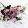 30cm Rose Pink Silk Bouquet Peony Artificial Flowers 5 Big Heads 4 Small Bud Bride Wedding Home Decoration Fake Flowers Faux