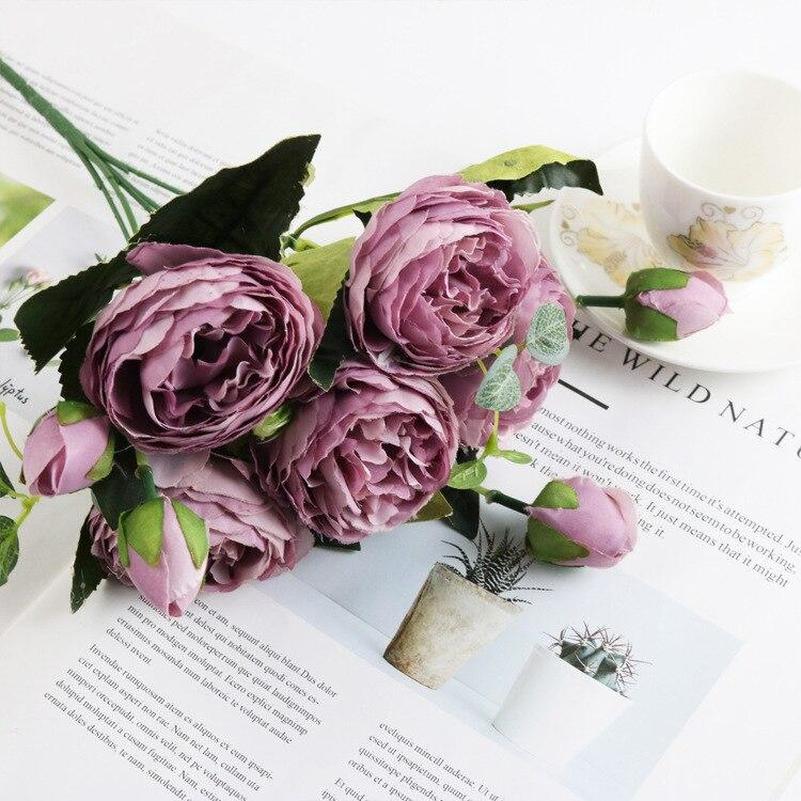 30cm Rose Pink Silk Bouquet Peony Artificial Flowers 5 Big Heads 4 Small Bud Bride Wedding Home Decoration Fake Flowers Faux