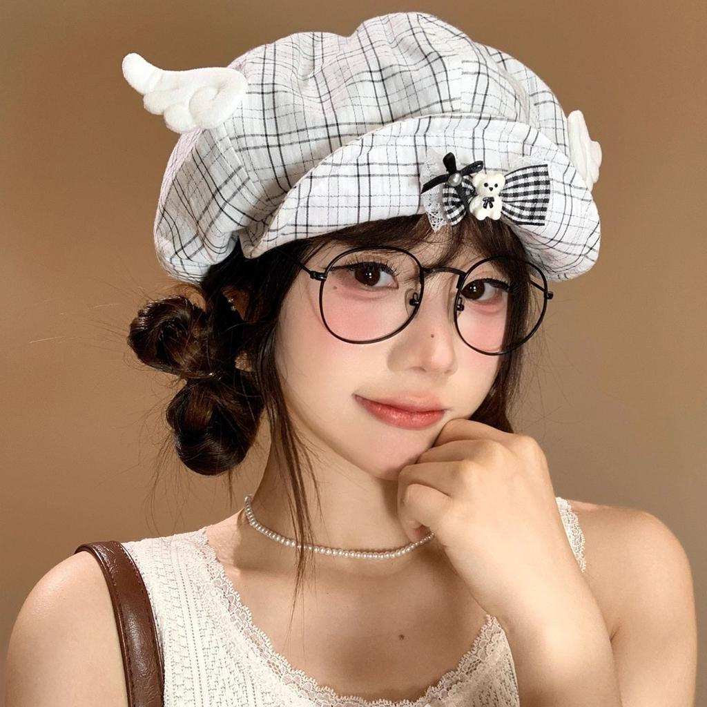 Japanese Cherry Plaid Patch Turned Brim Beret Children Spring and Summer Sweet Versatile Face Small Cloud Hat
