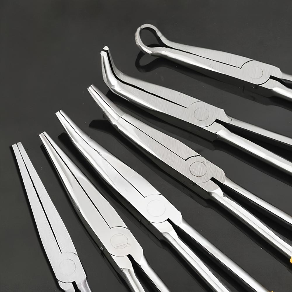 Long Nose Plier 11” Reach, Straight, Angle, Curved Pliers, 45 & 90 & 25 Degree, Bent Head Needle Nose Pliers for Mechanics
