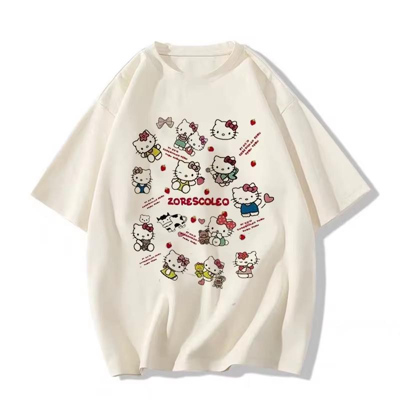 

2026 Summer Hello Kitty and Friends Retro Unisexga Style 100 Cotton Printed Tshirt Adult Children Parentchild Top S