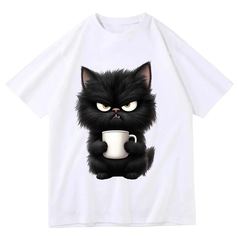 Angry Black Cat Drinking Coffee T Shirt Funny Animal Graphic Tee Vintage Aesthetic Harajuku Streetwear Top Casual Unisex Tshirt S