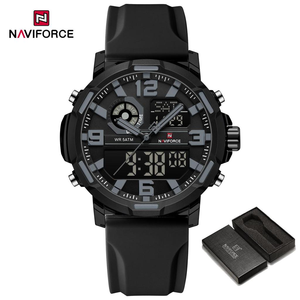 NAVIFORCE Original Men Dual Time Watch Quartz Movement LCD Digital Silicone Strap Waterproof Calendar Date Night Pattern Men Watch NF7130