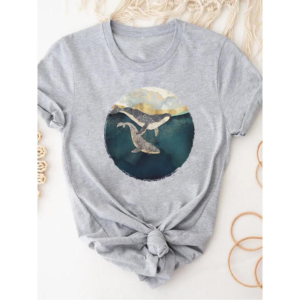 Print T Shirt Short Sleeve Summer Clothes Women Clothing Gray Owl Love Style Trend Cute Basic Tee Top Fashion Graphic T-shirt