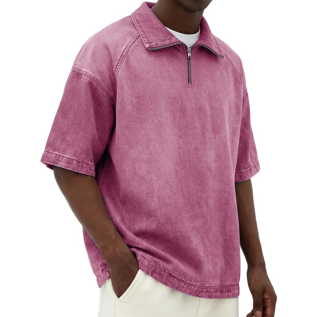 Men's Casual American- Denim-like Fabric Short-sleeved Shirt - Men's Retro Trendy Fitted Collar Zipper Jacket