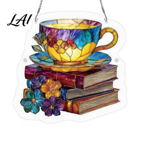 Irregular Puzzle Piece Suncatcher Floral Tea Cup And Book Suncatcher Stained Glass
