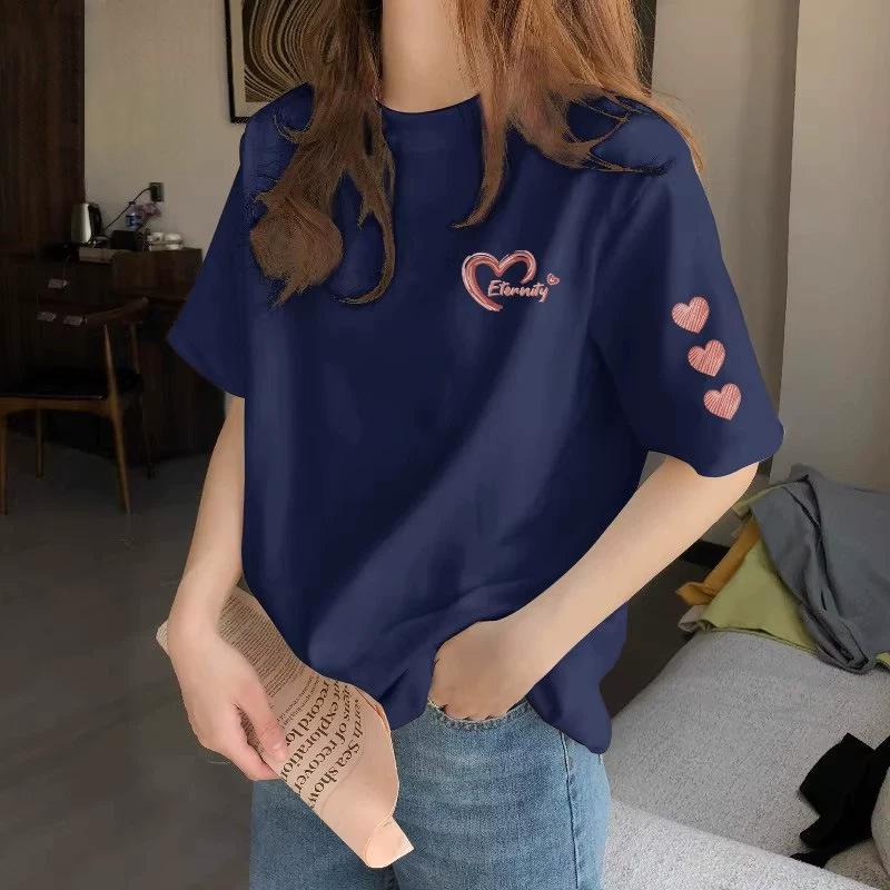 Women's Round Neck Short Sleeve Printed Loose Fit Korean Casual T Shirt Basic Top with Heart Graphic for Spring Daily Wear